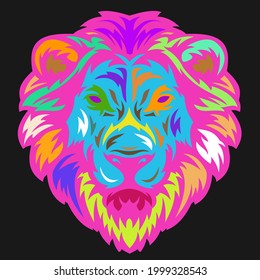 Lion head in hand drawn sketch color style isolated on black background. Modern pop art graphic design element for label or poster. Vector illustration.