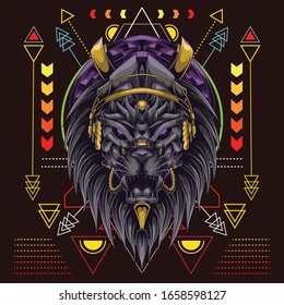 lion head with headset music and scared geometry background