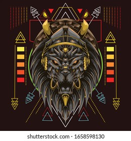 lion head with headset music and scared geometry background