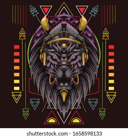 lion head with headset music and scared geometry background