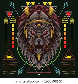 lion head with headset music and scared geometry background