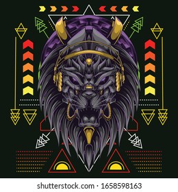 lion head with headset music and scared geometry background