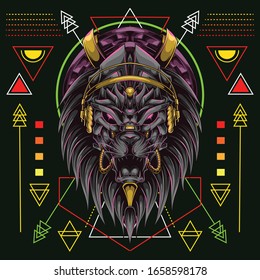 lion head with headset music and scared geometry background