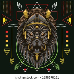 lion head with headset music and scared geometry background