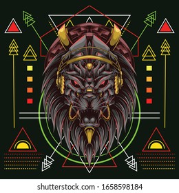 lion head with headset music and scared geometry background