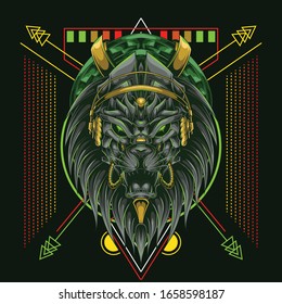 lion head with headset music and scared geometry background