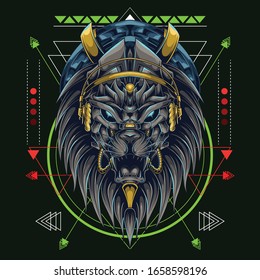 lion head with headset music and scared geometry background