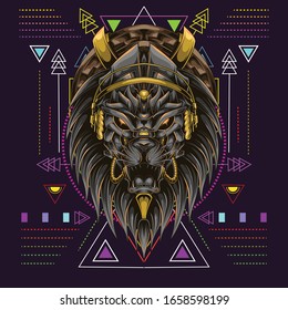 lion head with headset music and scared geometry background