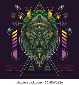 lion head with headset music and scared geometry background