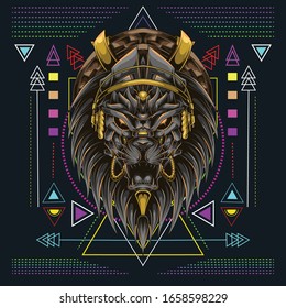 lion head with headset music and scared geometry background