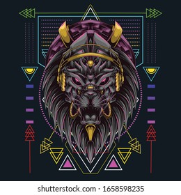 lion head with headset music and scared geometry background