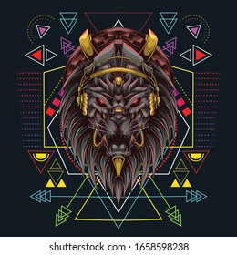 lion head with headset music and scared geometry background