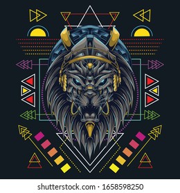 lion head with headset music and scared geometry background