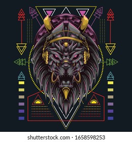 lion head with headset music and scared geometry background