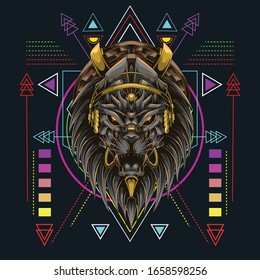 lion head with headset music and scared geometry background