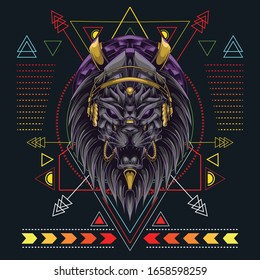 lion head with headset music and scared geometry background