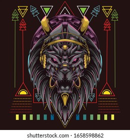 lion head with headset music and scared geometry background