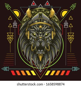 lion head with headset music and scared geometry background