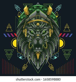 lion head with headset music and scared geometry background