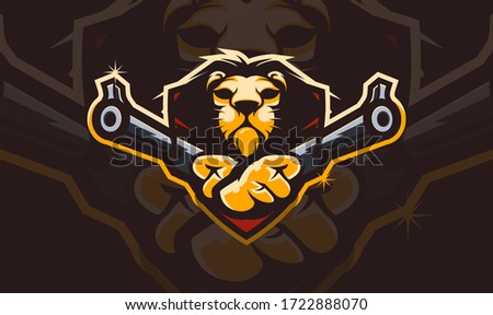 Lion head holding two gun, tactical team, Airsoft gun or Paintball club logo. Design element for company logo, label, emblem, apparel or other merchandise. Scalable and editable Vector illustration