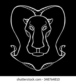 Lion Head Icon black and white colors. The line art illustration in style of heraldry. Print for a mascot and T-shirt or game graphic. Can be used for tattoo. Hand drawn.