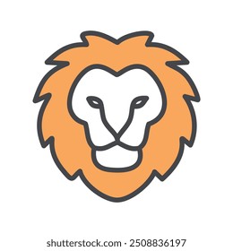 Ilustración de icono de cabeza de león. Una simple pero poderosa ilustración de arte lineal de la cabeza de un león, que transmite fuerza, coraje y liderazgo. La melena naranja simboliza una presencia feroz y majestuosa.