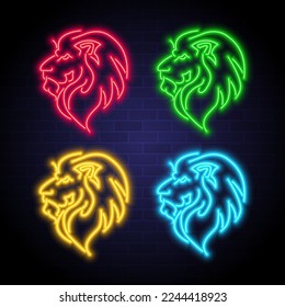 Lion head icon set with neon light glowing elements