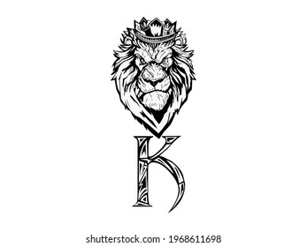 Lion Head Icon Vector illustration. angry Lion king symbol. K k letter, Lion roaring, , Face sign, emblem isolated on white background, Flat style for graphic and web design, logo, tattoo.