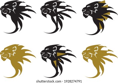 Lion head icons in black and golden colors. Flaming lion symbols on the white  for logos, tattoos, sport emblems, prints, embroidery, engraving, textiles, vinyl cutting, etc.