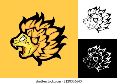 lion head illustration with angry expression. mouth open. suitable for logo, mascot, art, icon, symbol. orange, black and white.