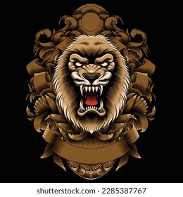 lion head illustration with baroque ornament
