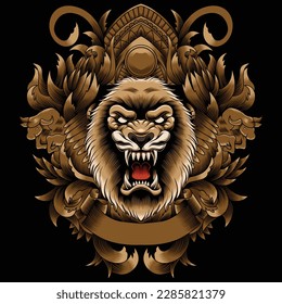 lion head illustration with baroque ornament