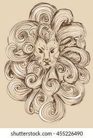 Lion head illustration. isolated on white background. stylized, grunge style. vector illustration. tattoo, design for T-shirts