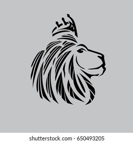 lion head illustration with side view ,bold lines and a crown on its head.with just outlines