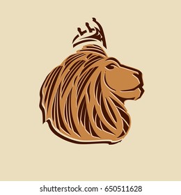 lion head illustration with side view ,bold lines and a crown on its head