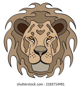 Lion head illustration, sport mascot or team logo in flat style. Cartoon image in vector graphics.