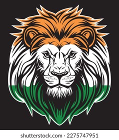 Cabecera de león y pantalla frontal de la bandera india eps ilustración de arte vectorial. Cabeza de león y bandera india con el diseño del logo del cabello de hombre y pegatinas gráficas.