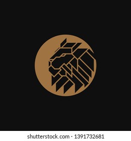 Lion Head inside Circle Logo Design Template. Gold emblem vector isolated on black background