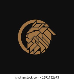 Lion Head inside Circle Logo Design Template. Gold emblem vector isolated on black background