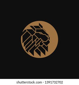Lion Head inside Circle Logo Design Template. Gold emblem vector isolated on black background