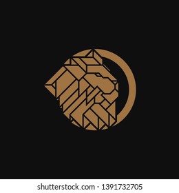 Lion Head inside Circle Logo Design Template. Gold emblem vector isolated on black background