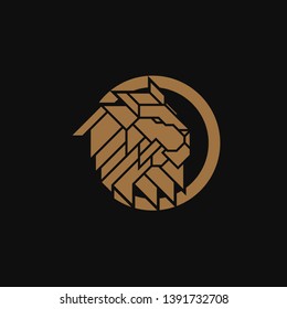 Lion Head inside Circle Logo Design Template. Gold emblem vector isolated on black background
