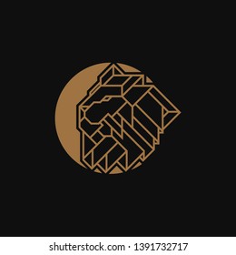 Lion Head inside circle Logo Design Template. Gold emblem vector isolated on black background