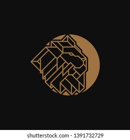 Lion Head inside circle Logo Design Template. Gold emblem vector isolated on black background