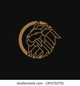 Lion Head inside circle Logo Design Template. Gold emblem vector isolated on black background