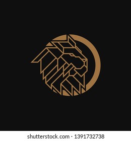 Lion Head inside circle Logo Design Template. Gold emblem vector isolated on black background