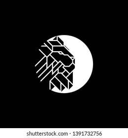 Lion Head inside circle Logo Design Template. Emblem vector isolated on black background