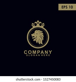 Lion Head Isolated In Circle Shape With Crown Logo Design Vector Template With Luxury Gold Colour