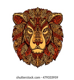 Lion head isolated on white background. Hand drawn vector illustration with floral elements