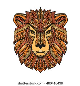 Lion head isolated on white background. Hand drawn vector illustration with ethnic patterns